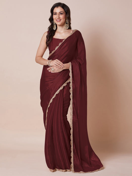 Maroon Maroon Party Wear Organza Embellished Saree