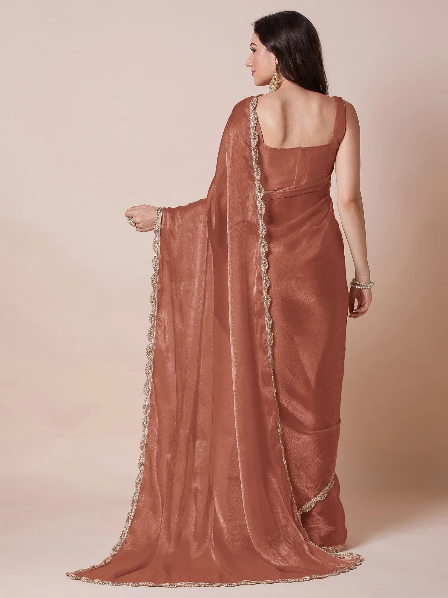 Copper Party Wear Organza Embellished Saree