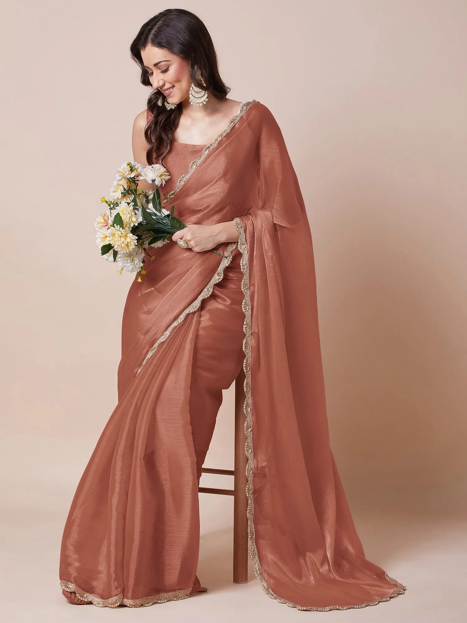Brown Copper Party Wear Organza Embellished Saree