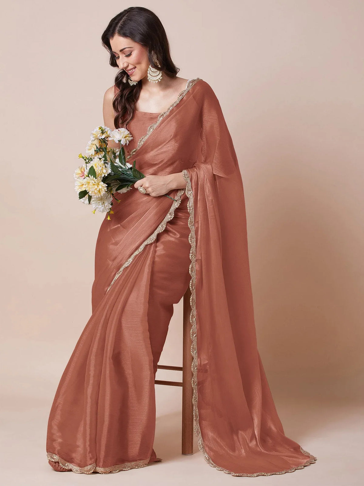 Brown Copper Party Wear Organza Embellished Saree