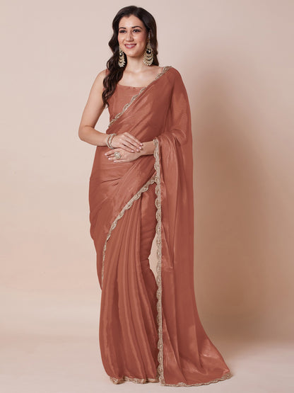 Copper Party Wear Organza Embellished Saree