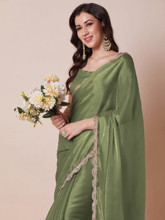 Green Light Party Wear Organza Embellished Saree