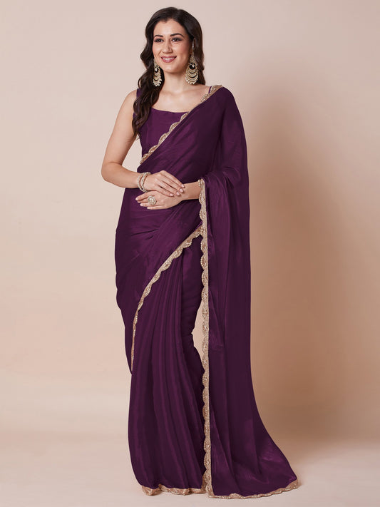 Purple Purple Party Wear Organza Embellished Saree