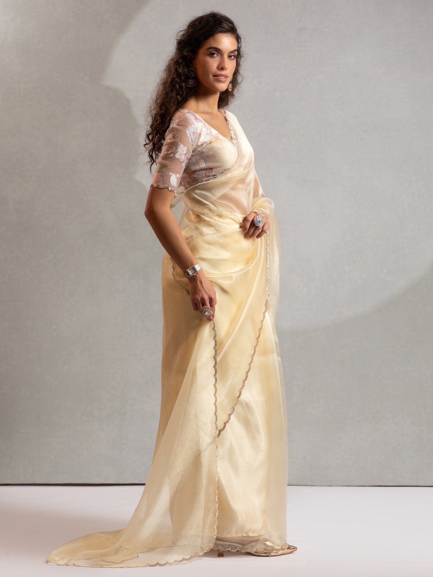 Yellow Party Wear Organza Embellished Saree