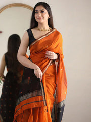 Orange Maheshwari Silk Cotton Woven Saree