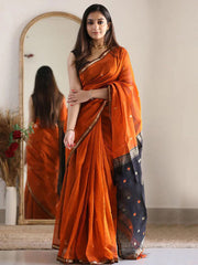 Orange Orange Maheshwari Silk Cotton Woven Saree