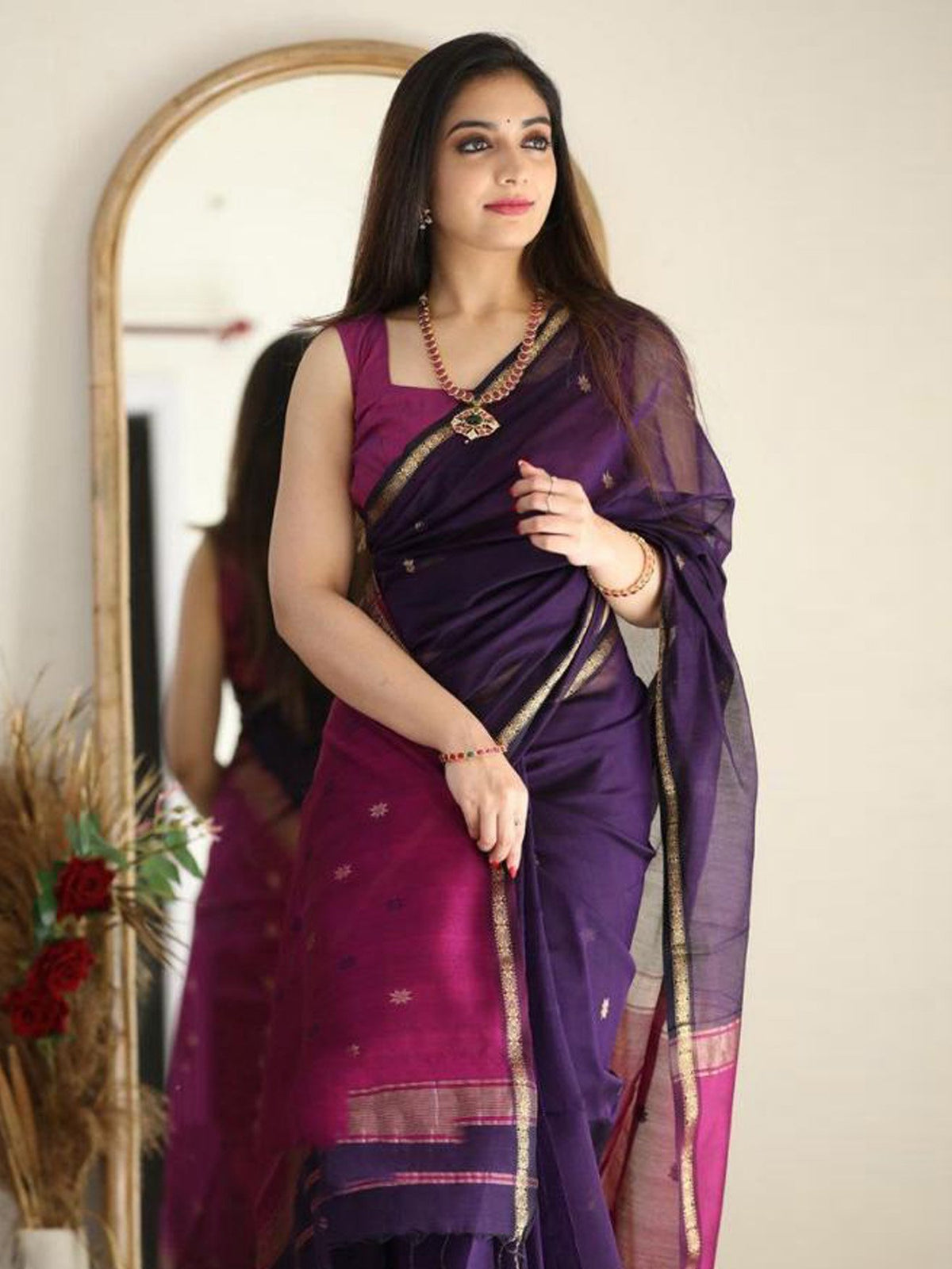 Purple Maheshwari Silk Cotton Woven Saree