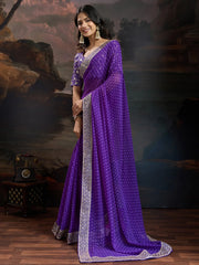 Purple Bandhani Georgette Printed Saree