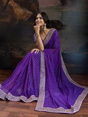Purple Bandhani Georgette Printed Saree