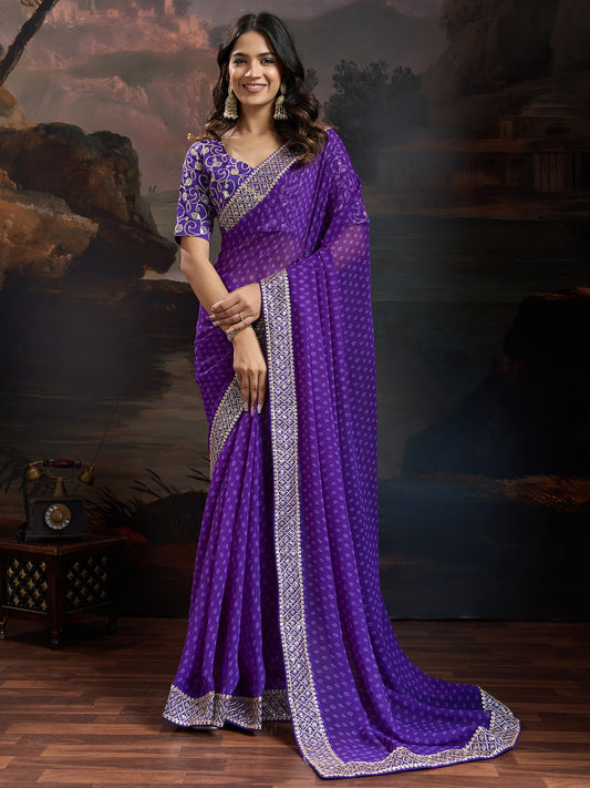 Purple Purple Bandhani Georgette Printed Saree