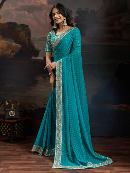Teal Bandhani Georgette Printed Saree
