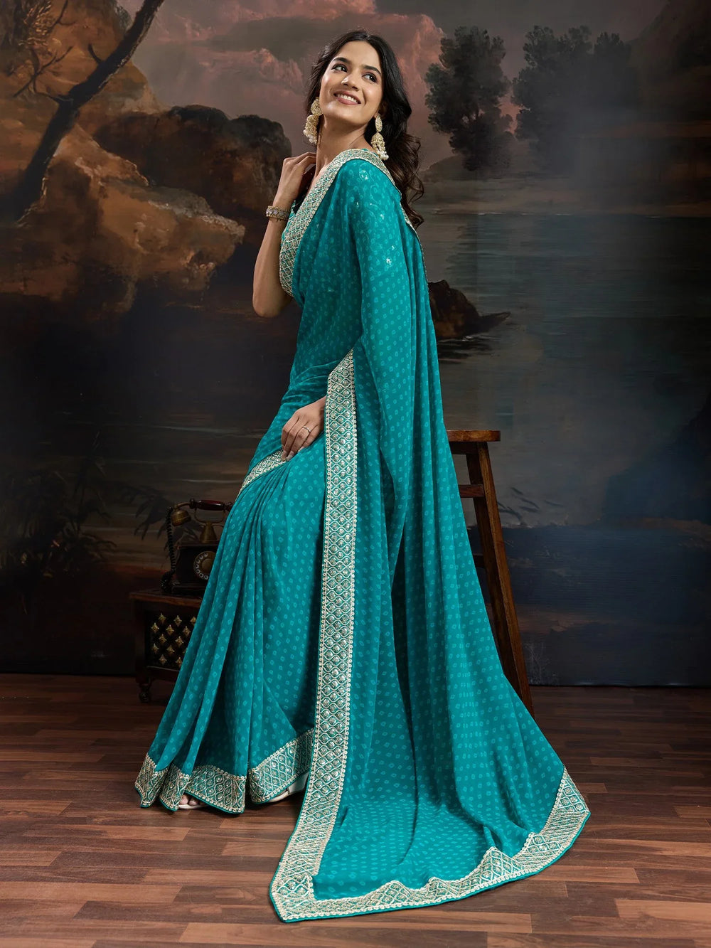 Green Teal Bandhani Georgette Printed Saree