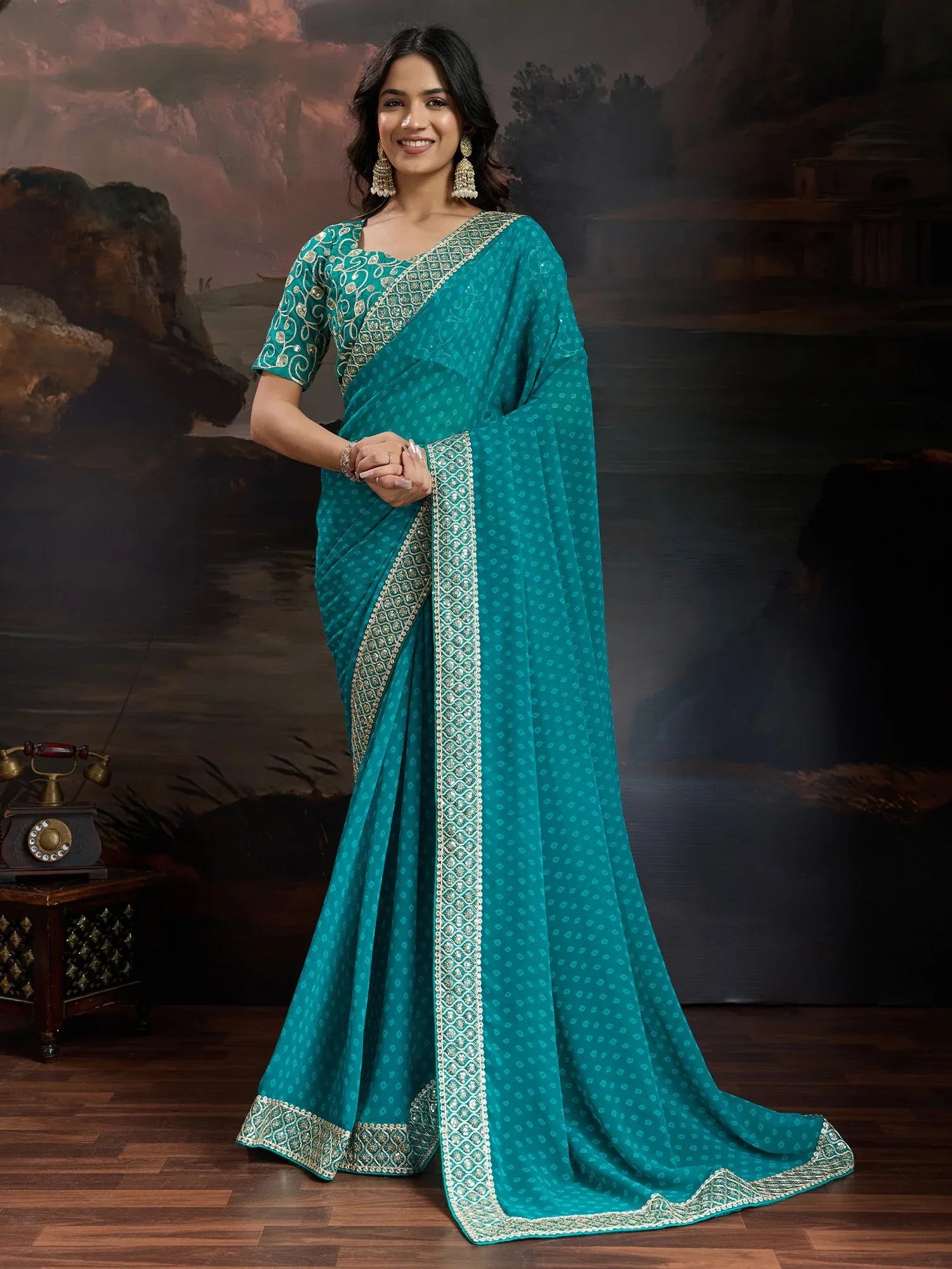 Teal Ocean Blue Bandhani Printed Saree