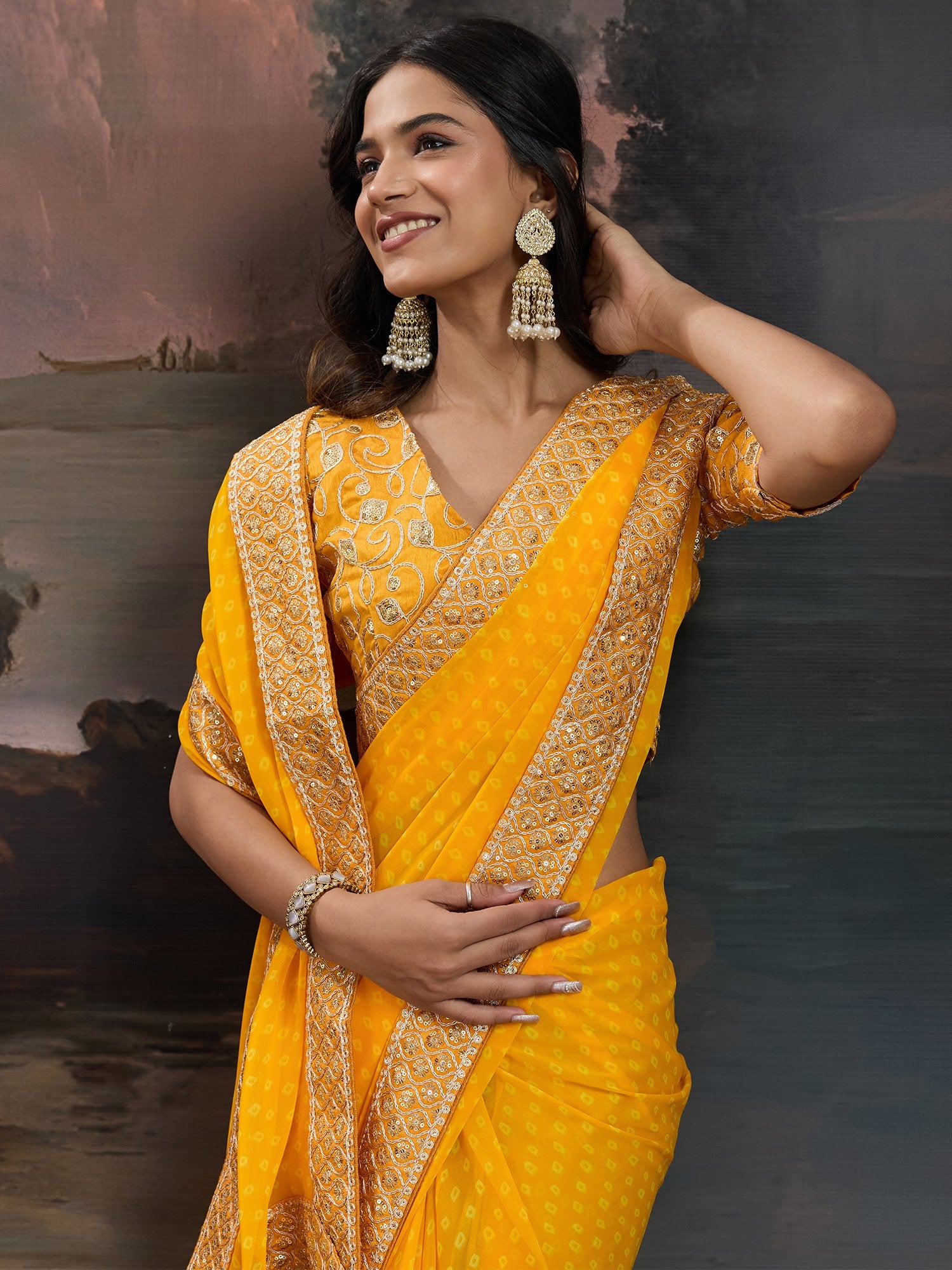 Yellow Yellow Bandhani Georgette Printed Saree