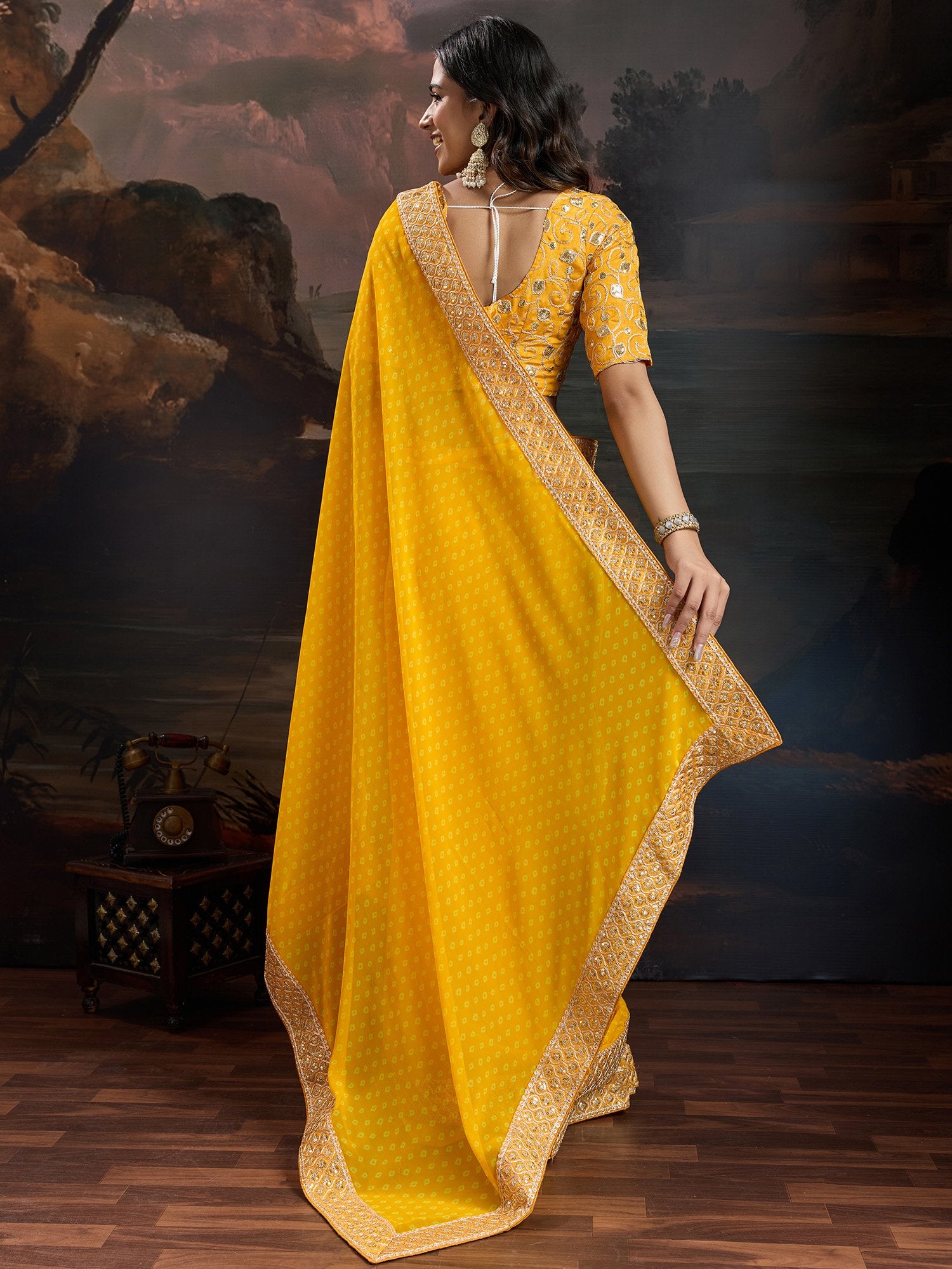 Yellow Bandhani Georgette Printed Saree