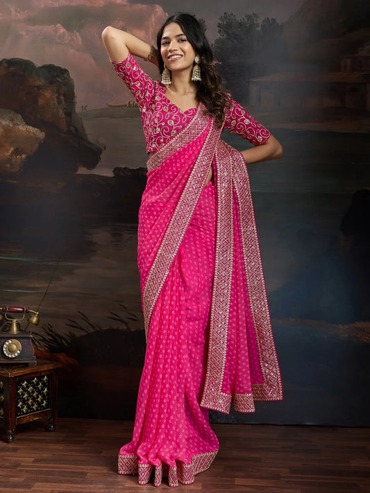 Pink Pink Bandhani Georgette Printed Saree