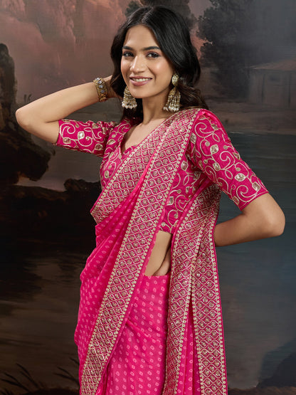Pink Bandhani Georgette Printed Saree
