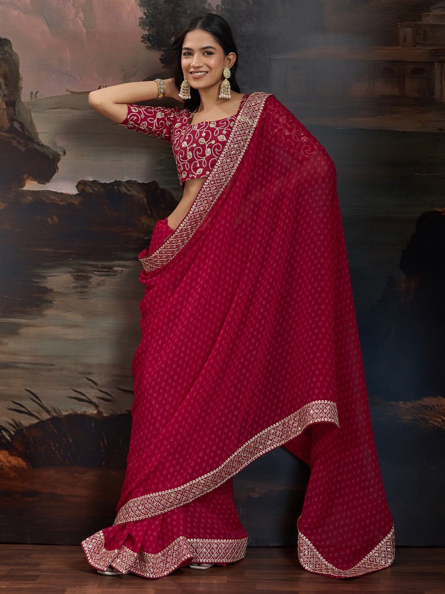 Maroon Bandhani Georgette Printed Saree