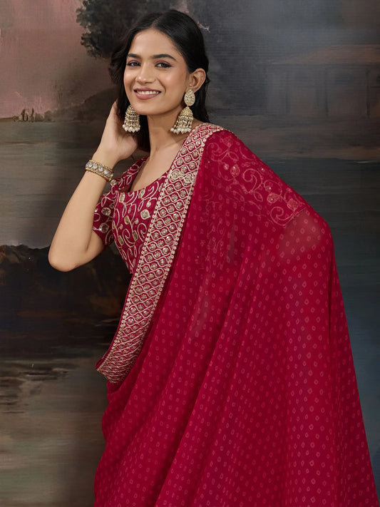 Maroon Maroon Bandhani Georgette Printed Saree