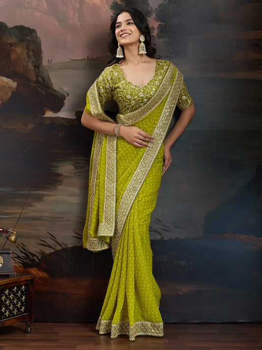 Green Light Bandhani Georgette Printed Saree