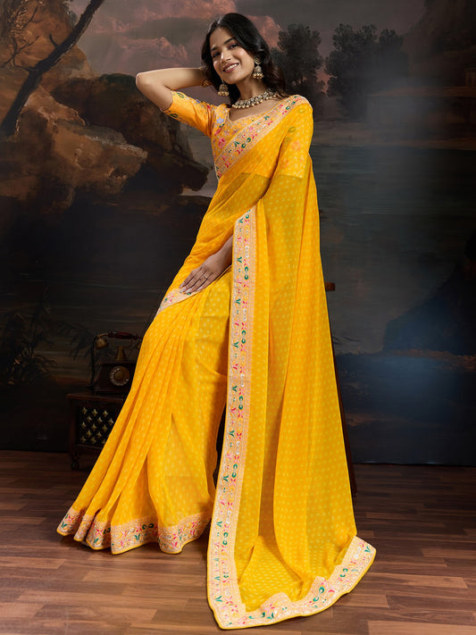 Yellow Yellow Bandhani Georgette Printed Saree
