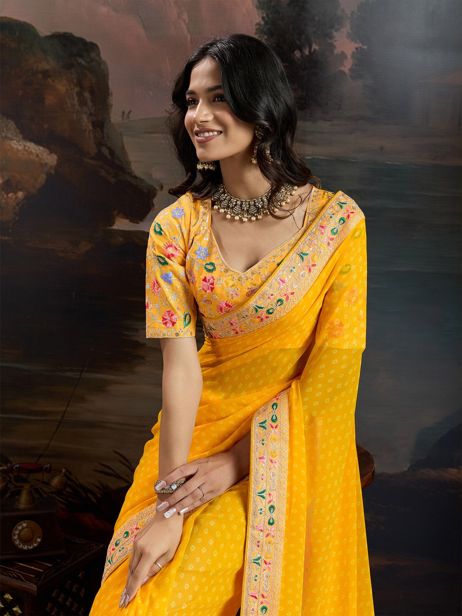 Yellow Bandhani Georgette Printed Saree