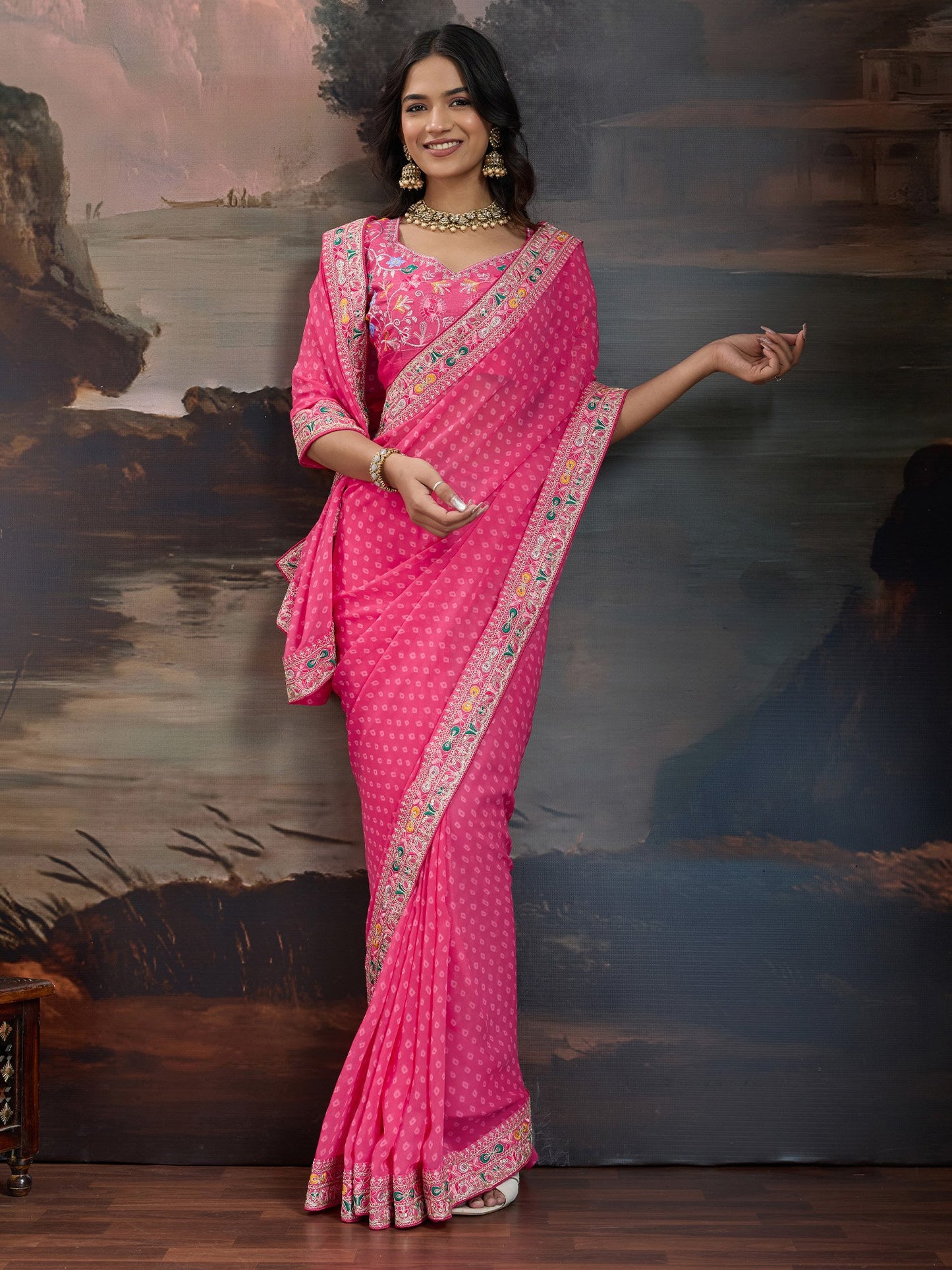 Pink Bandhani Georgette Printed Saree