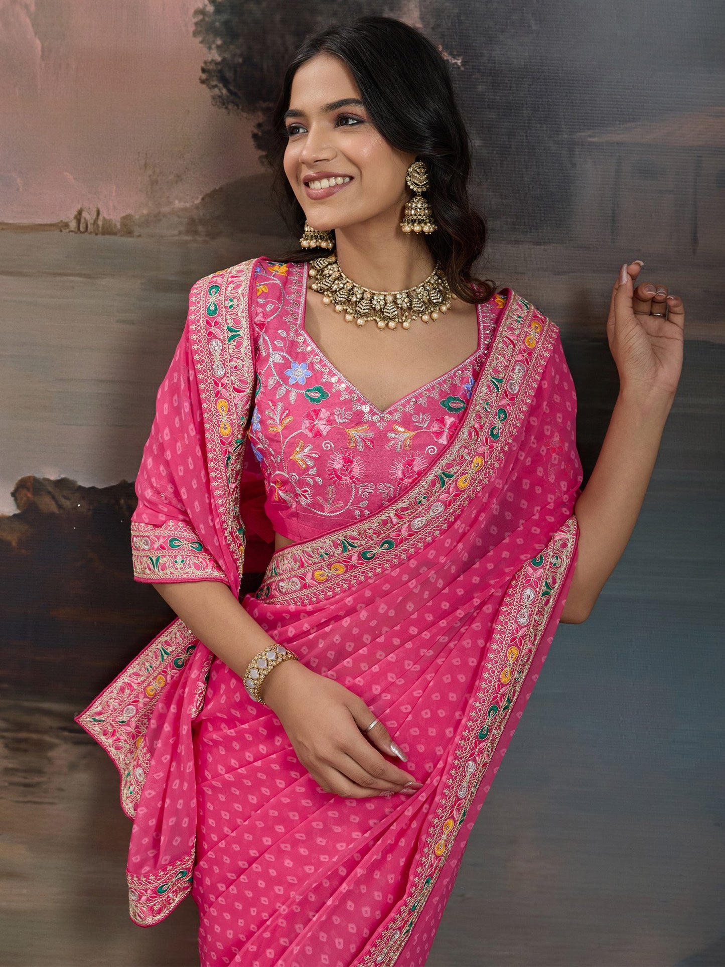 Pink Bandhani Georgette Printed Saree