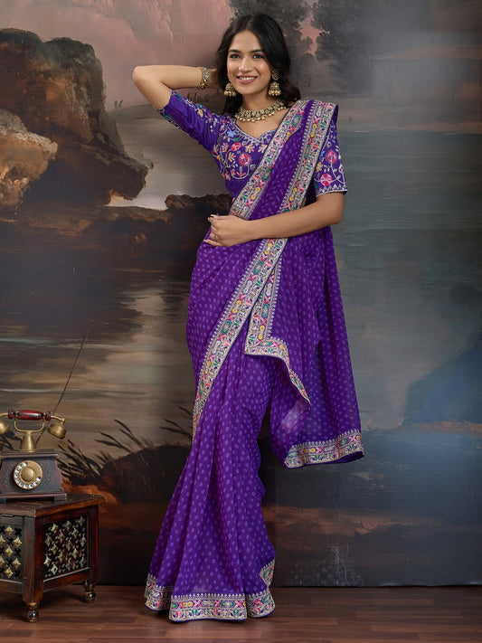 Purple Purple Bandhani Georgette Printed Saree