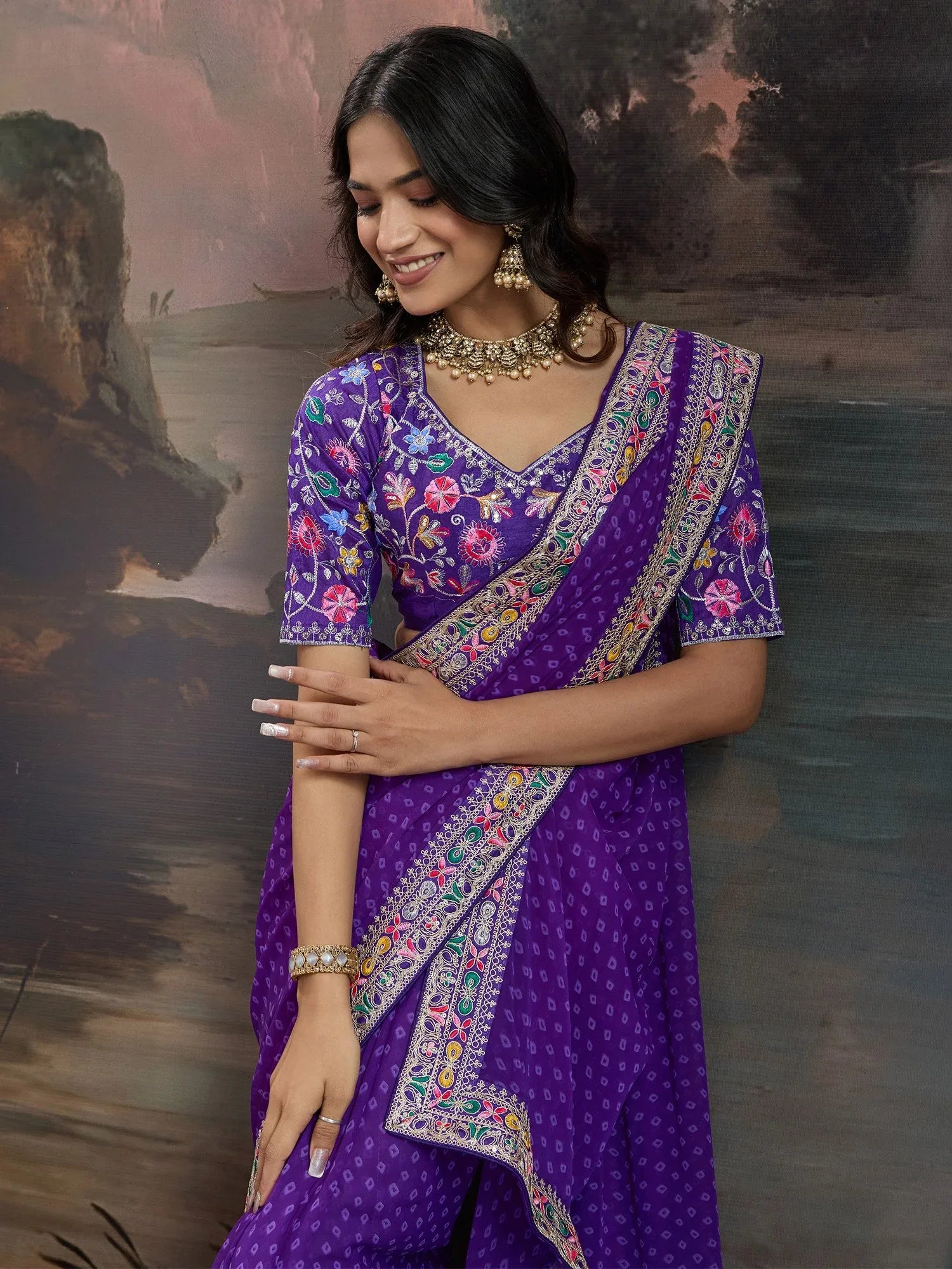 Purple Bandhani Georgette Printed Saree