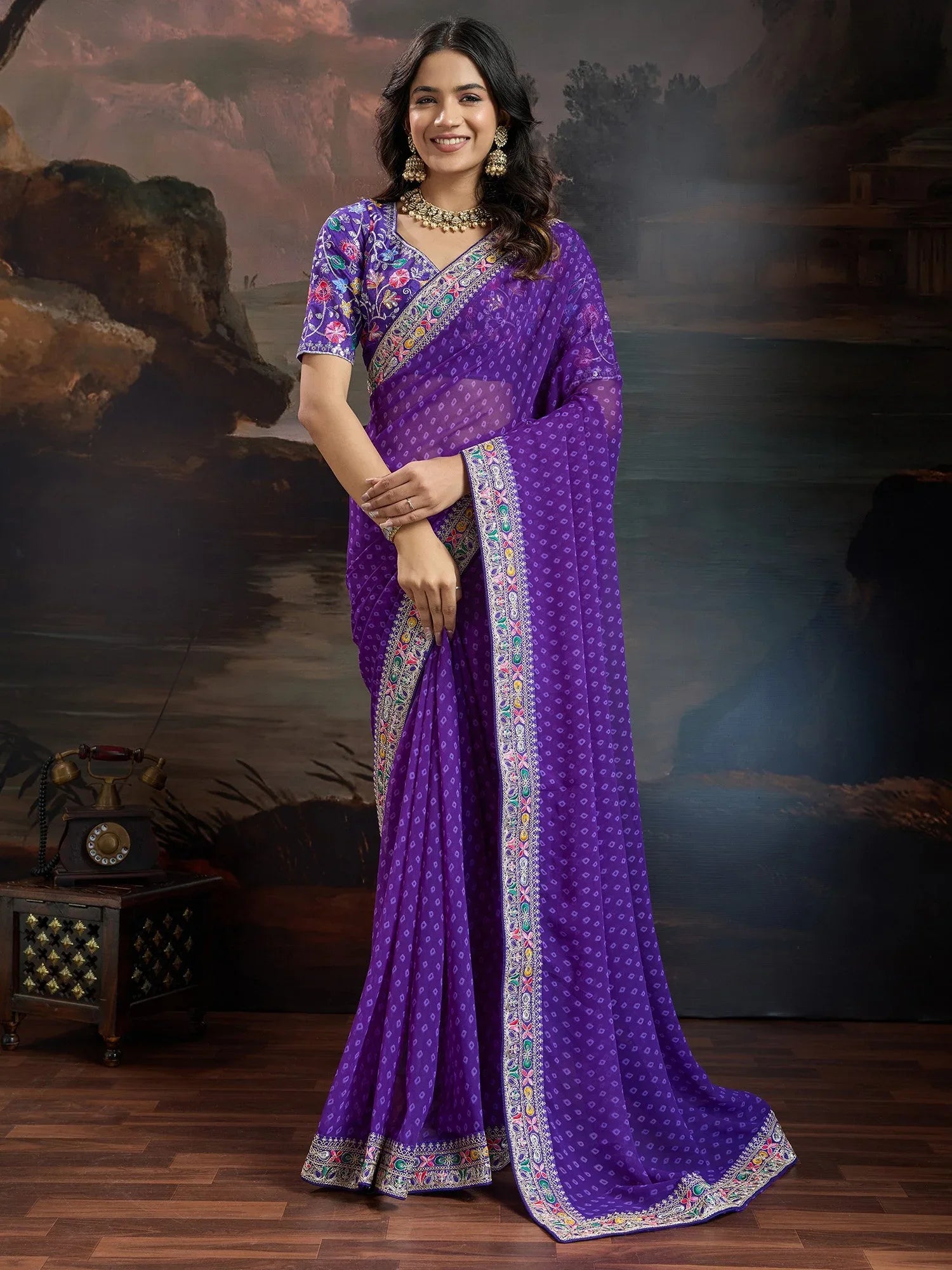 Purple Bandhani Georgette Printed Saree