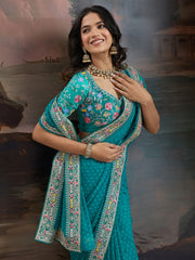 Teal Blue Bandhani Georgette Printed Saree