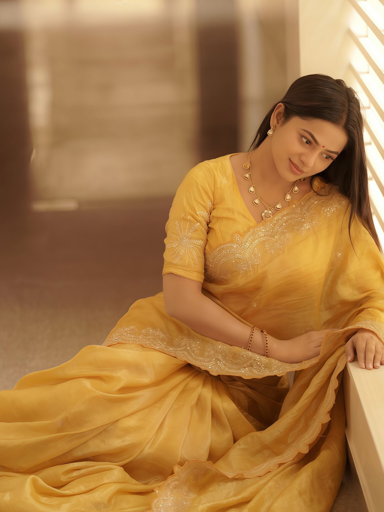 Yellow Party Wear Tissue Embellished Saree