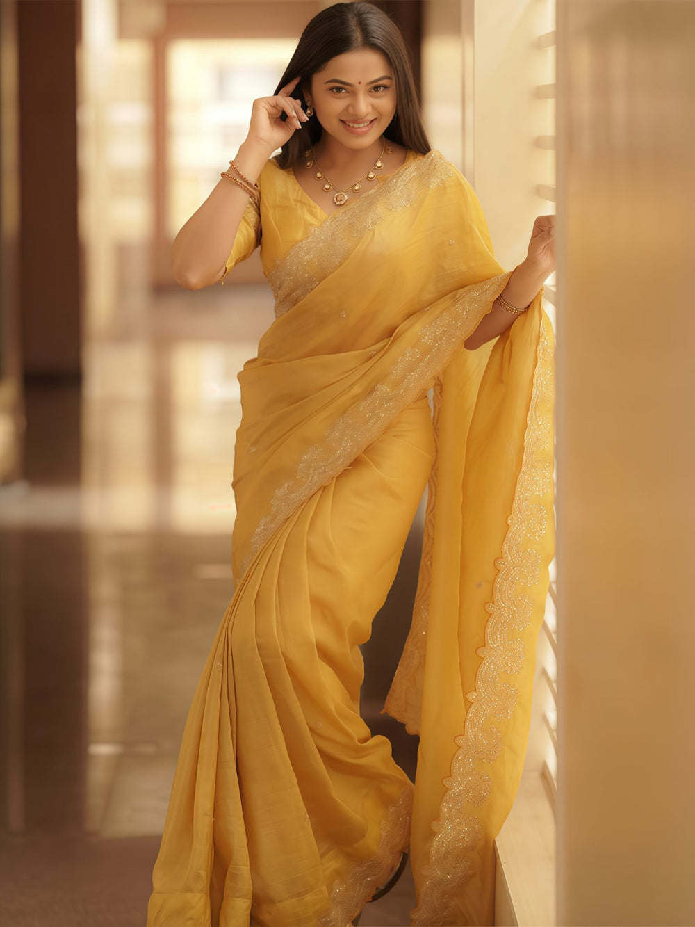 Yellow Yellow Party Wear Tissue Embellished Saree
