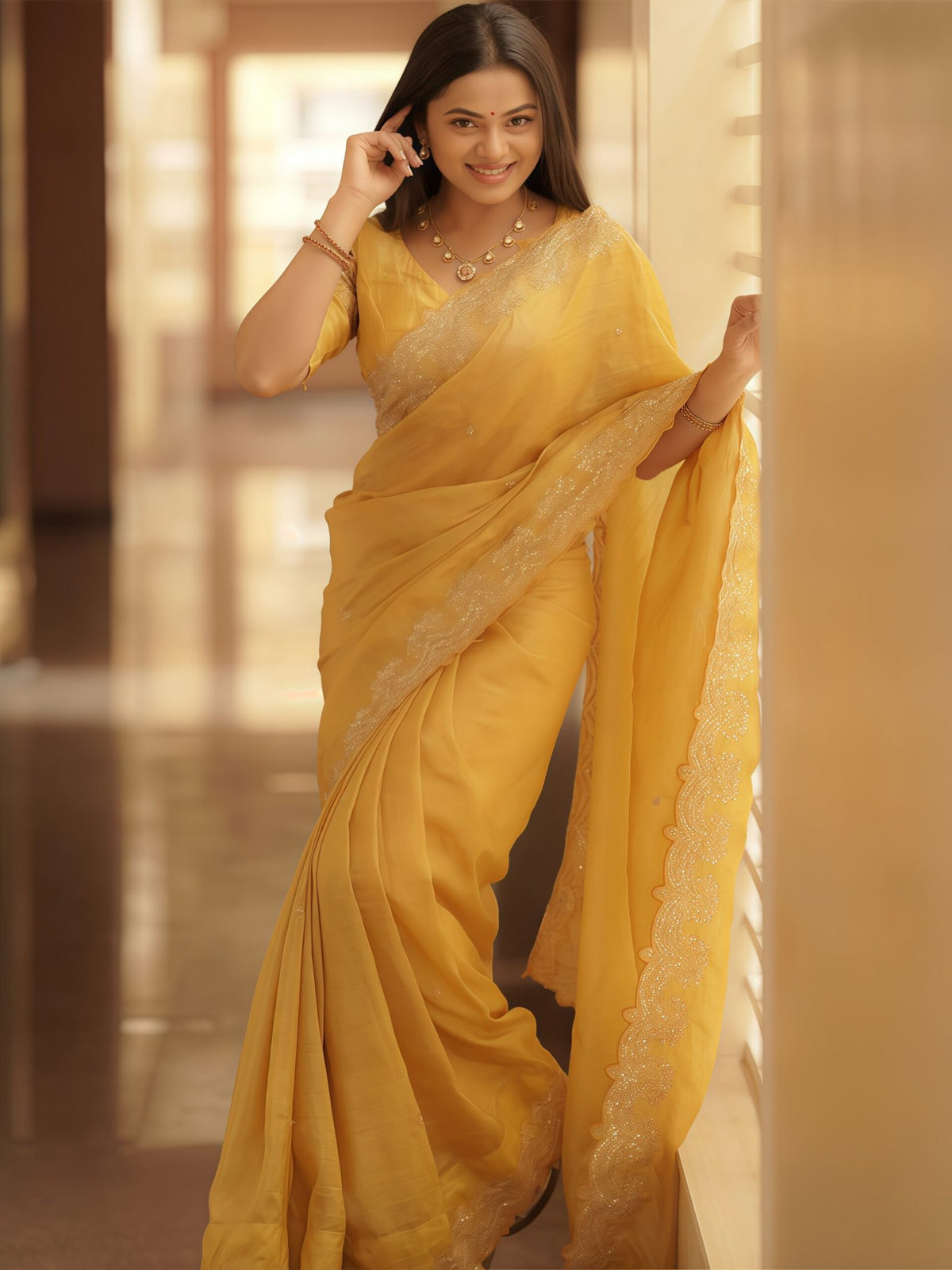 Yellow Yellow Party Wear Tissue Embellished Saree