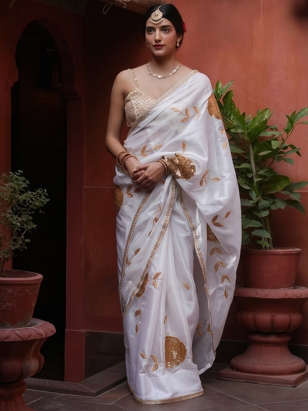 White White Party Wear Georgette Embellished Saree