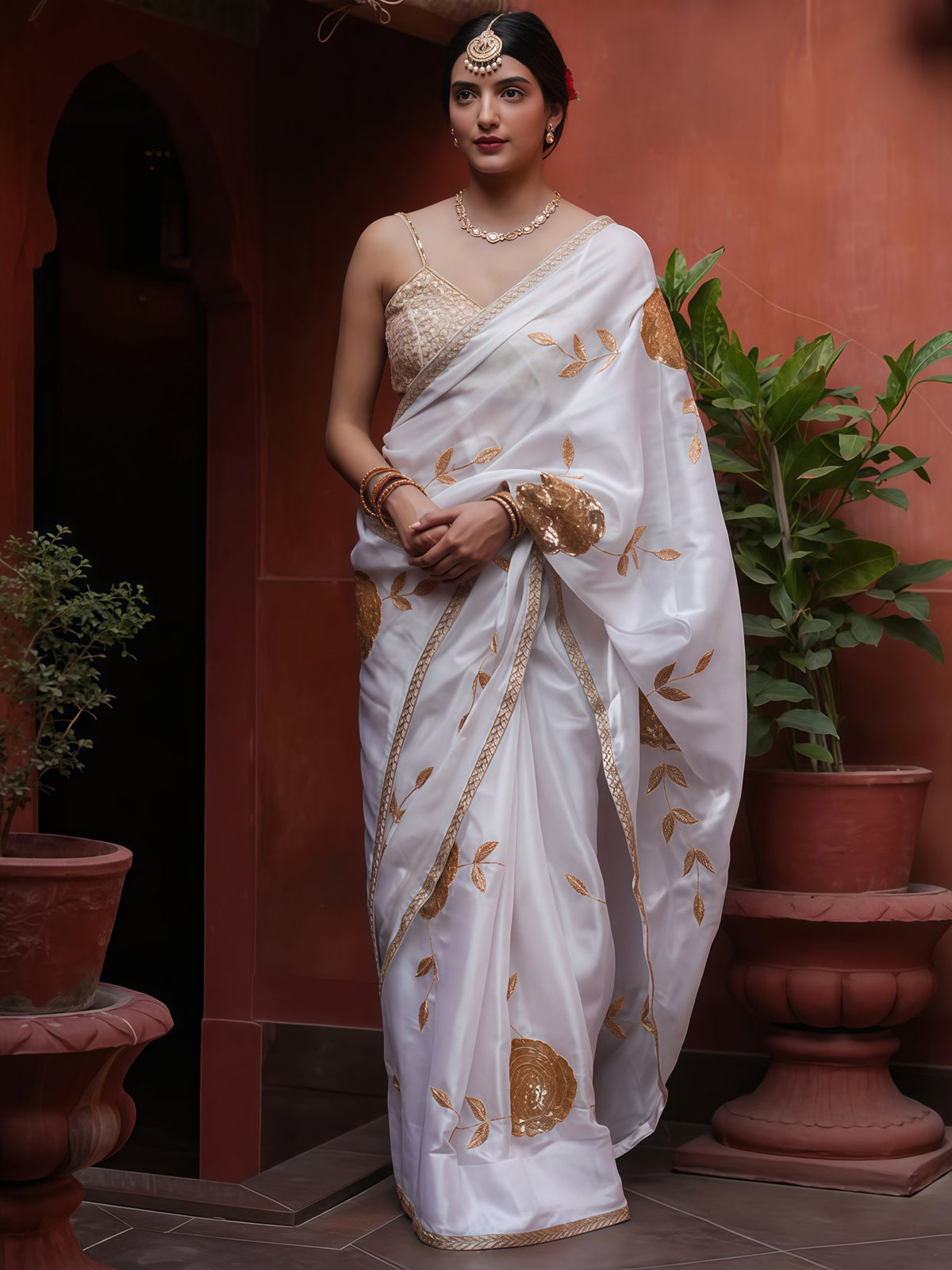 White White Party Wear Georgette Embellished Saree