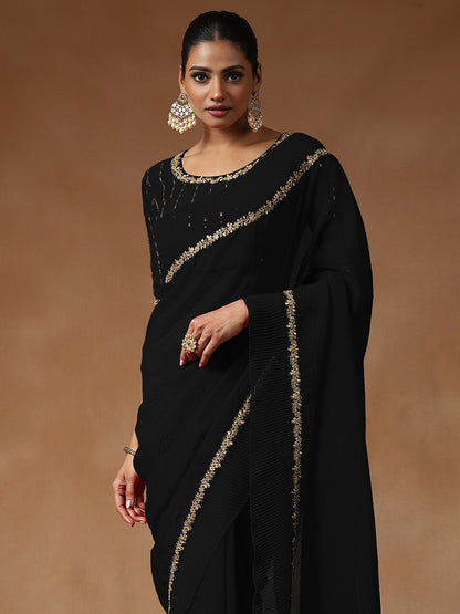 Black Party Wear Tissue Embellished Saree