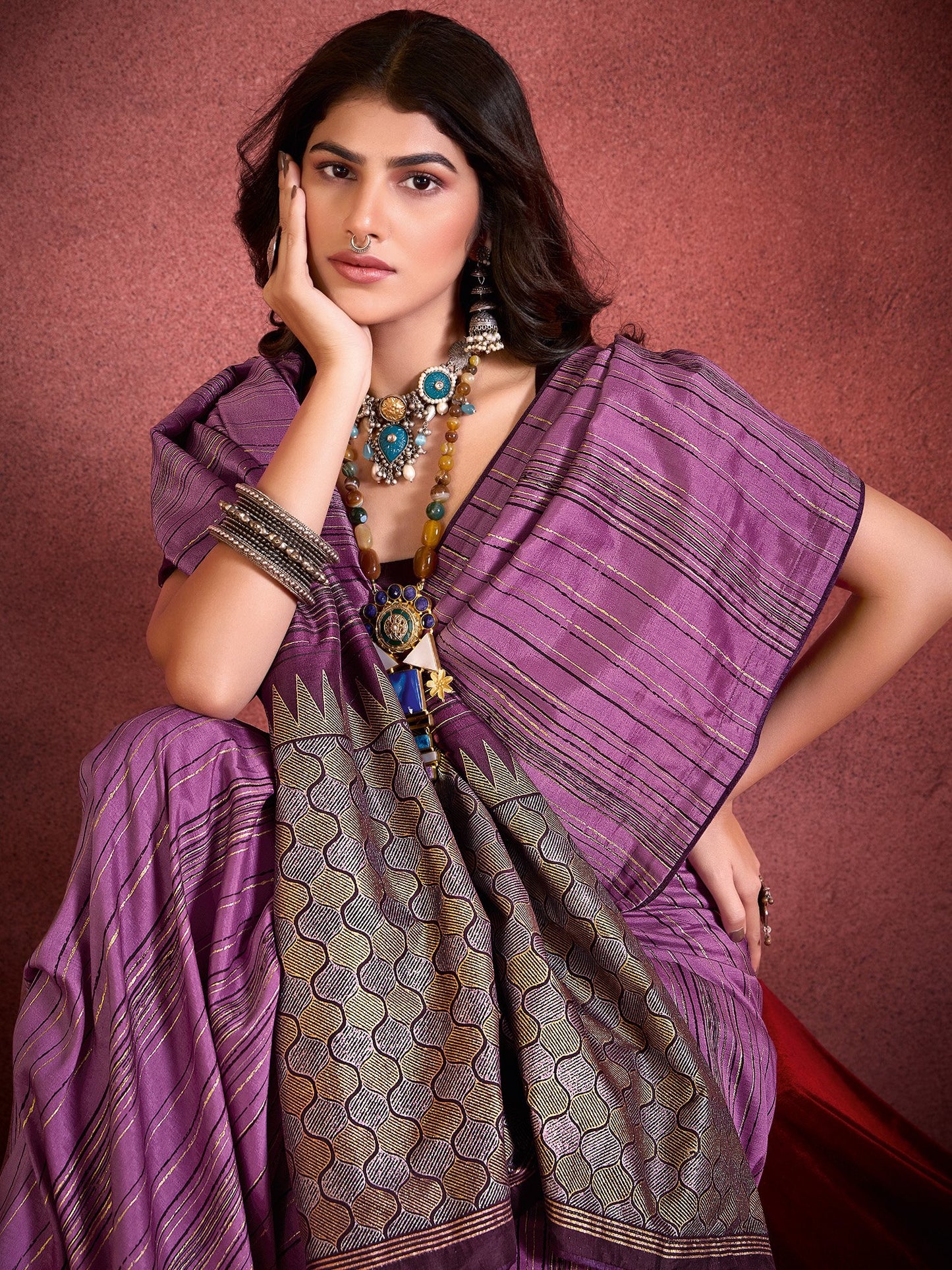 Purple Tussar Tussar Silk Printed Saree