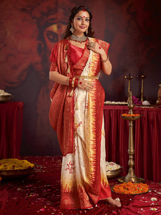 White Off Baluchari Satin Silk Woven Saree