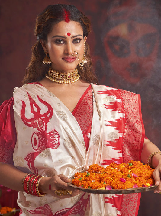 White Off Baluchari Satin Silk Woven Saree