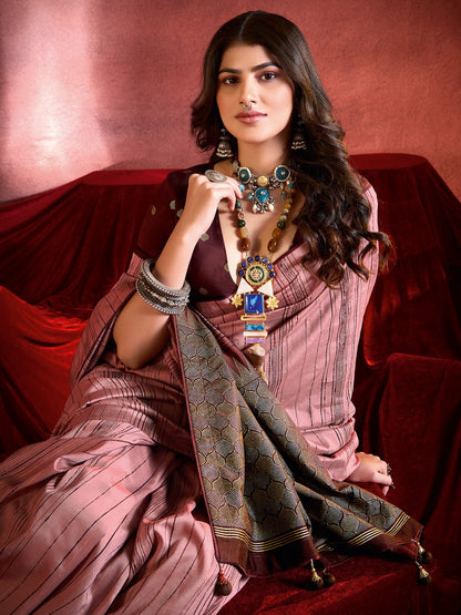 Peach Tussar Tussar Silk Printed Saree