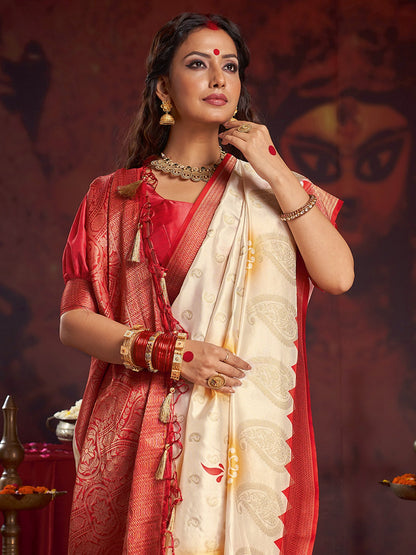 Off Baluchari Satin Silk Woven Saree