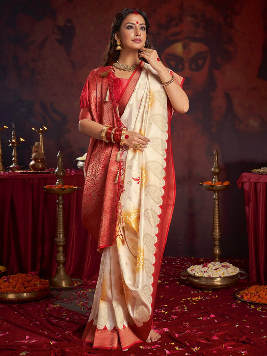 White Off Baluchari Satin Silk Woven Saree