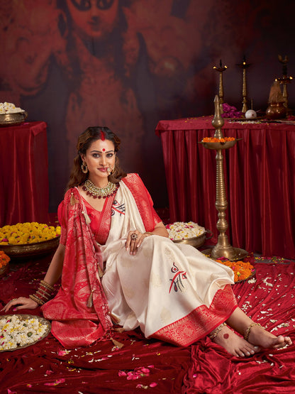 Off Baluchari Satin Silk Woven Saree