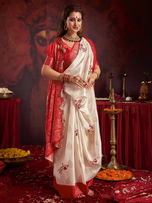 White Off Baluchari Satin Silk Woven Saree