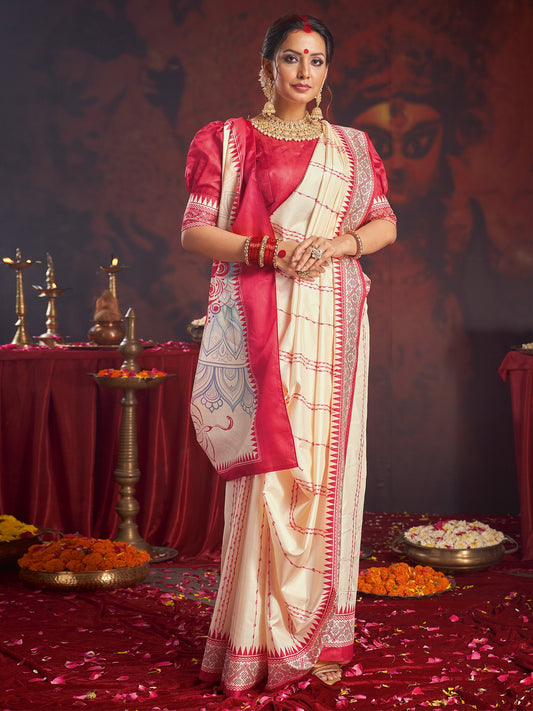 White Off Garad Silk Blend Printed Saree
