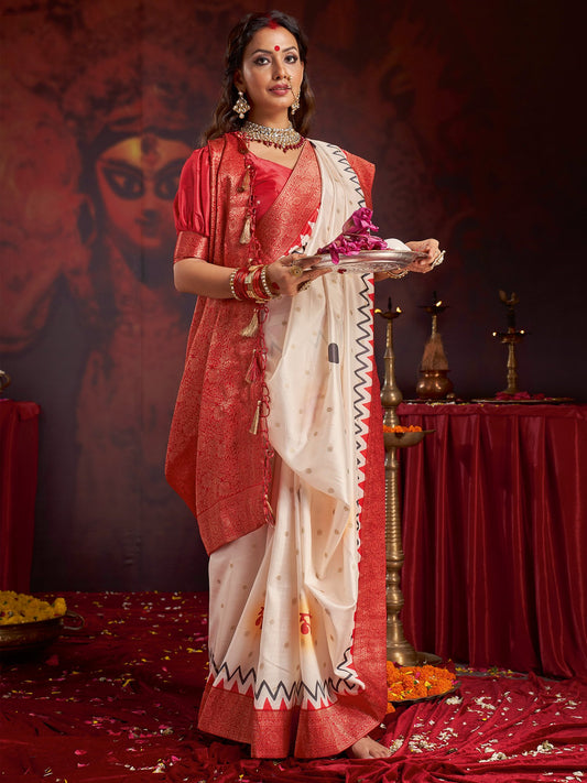 White Off Baluchari Satin Silk Woven Saree