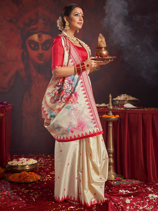 White Off Garad Silk Blend Printed Saree