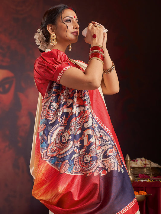 White Off Garad Silk Blend Printed Saree